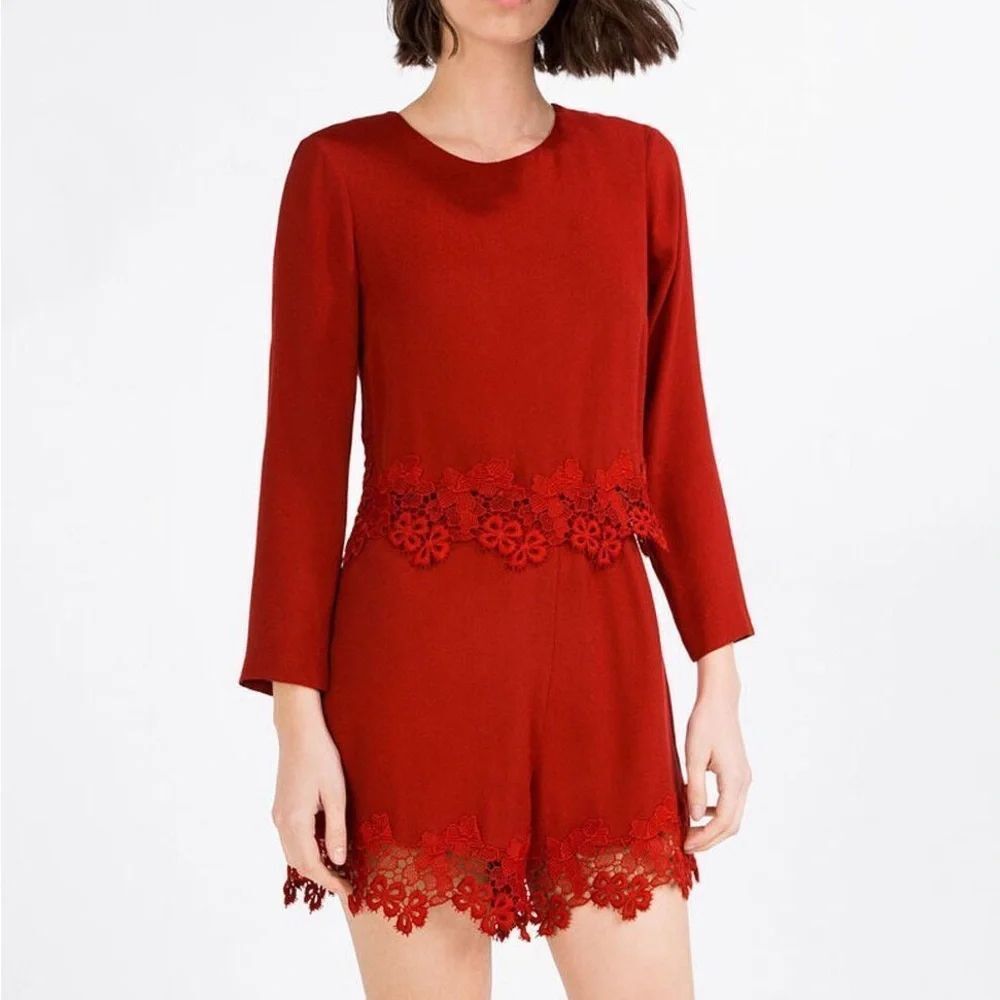 NWT Zara Dark Red Embroidered Long Sleeve Romper with Lace Detail